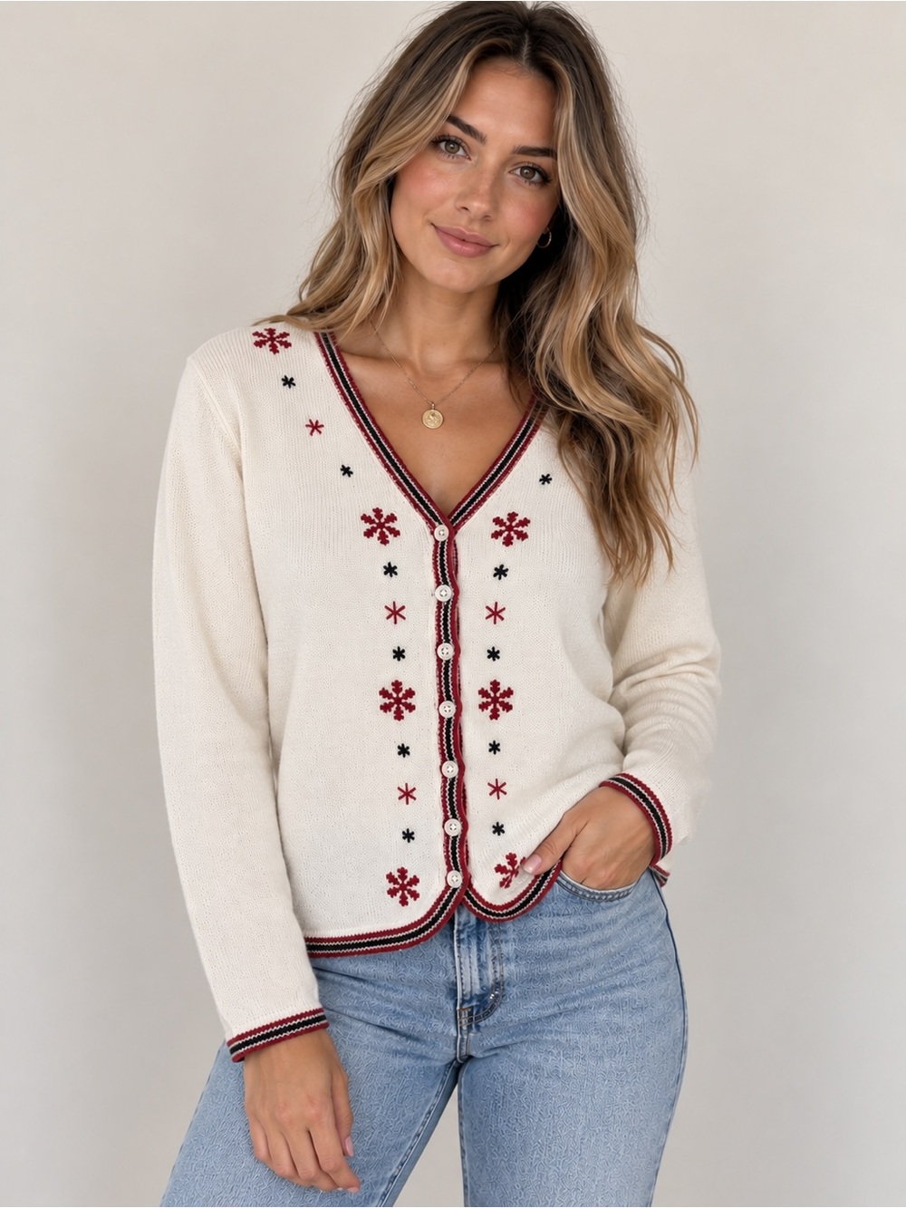 Vintage Sonoma Snowflake Cardigan V-Neck Knit Christmas Fair Isle Ivory Red Sz M
